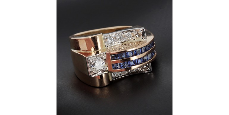 Bague tank en or jaune 750 me diamants et saphirs B10180