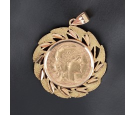 Pendentif à motif de palme en or jaune 750 ‰ 20 Francs or Marianne Coq -B10245