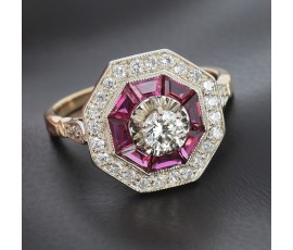 Bague octogonale de style art déco en or jaune 750 ‰ diamants et rubis verneuil -B10268