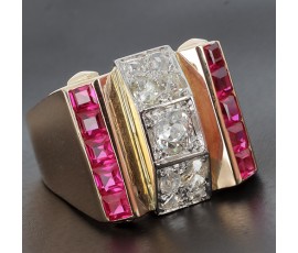 Bague tank en or jaune 750 ‰ rubis et diamants -B10273
