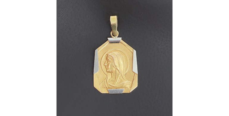 Médaille de baptême octogonale de la Sainte Vierge auréolée en or jaune et blanc 750 ‰ - B10300