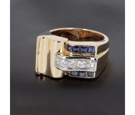 Bague tank en or jaune 750 ‰  diamants et saphirs calibrés -B10354