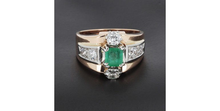 Bague bandeau or jaune 750‰  émeraude et diamants - B10356