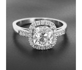 Solitaire en or blanc 750 ‰ présentant un diamant taille ancienne de 1,83 ct certifié HRD : K/SI1 entouré de diamants -B10386