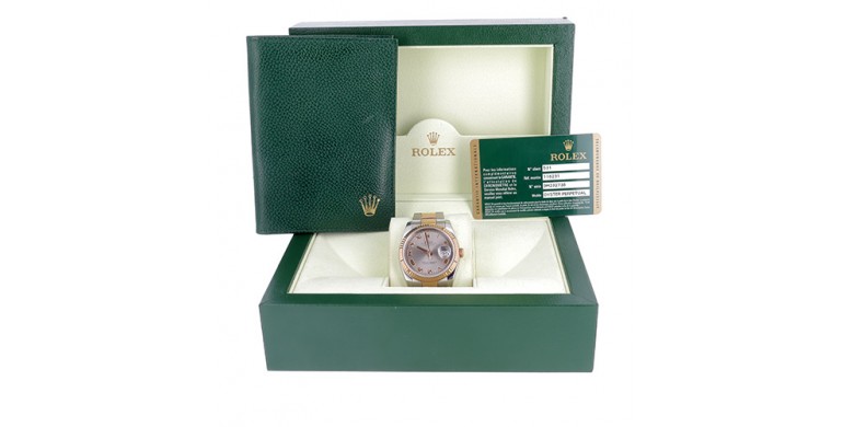 ROLEX Oyster Datejust 116231 en or rose et acier, verre saphir, chiffres romains, bracelet oyste, papier et boîte -B10446