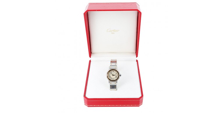 Montre CARTIER Santos Octagon Or et acier 187903, chiffres romains, modèle quartz, papier et boîte -B10455