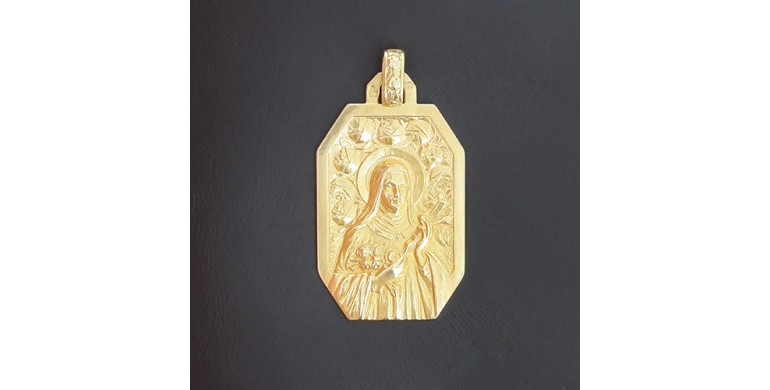 Médaille octogonale en jaune 750‰ - Augis & Mazzoni- représentant la vierge au voile - 3cm/1cm - 3gr